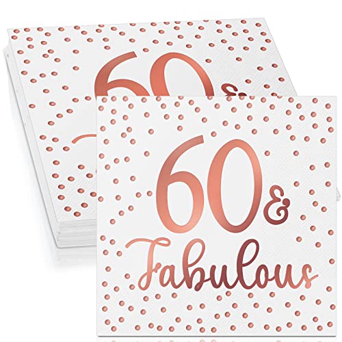 Tenare 40 Servietten zum 50. 60. 70. 80. 90. Geburtstag Glitzer Cocktailservietten Fabulous Papierservietten Einweg Party Servietten Set für Geburtstagsdeko Tischdeko, 3 Lagig (Weiß und Rosegold, 60) von Tenare