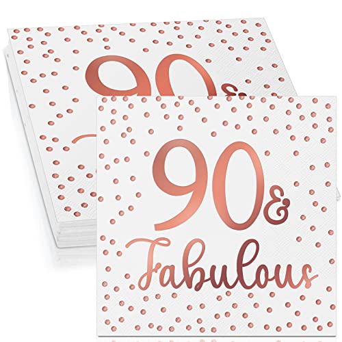 Tenare 40 Servietten zum 50. 60. 70. 80. 90. Geburtstag Glitzer Cocktailservietten Fabulous Papierservietten Einweg Party Servietten Set für Geburtstagsdeko Tischdeko, 3 Lagig (Weiß und Rosegold, 90) von Tenare