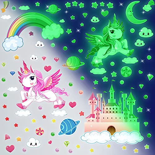 5 Blätter Einhorn Wandtattoos Leuchtende Einhorn Wandaufkleber mit Sterne Schloss Regenbogen Planet Herz Raum Dekor für Mädchen Schlafzimmer Decke Baby Kindergarten Heim Kind Geburtstag von Tenare