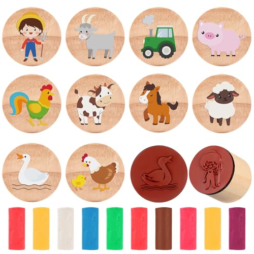 Tenare 10 Set Holzstempel Knetmassen Set Enthalten 10 Holz Tierstempel in 4 cm für Kinder und 10 Mehrfarbige Plastilin Spielzeug Stempel für Party Mitgebsel Geburtstags Geschenk(Bauernhof) von Tenare