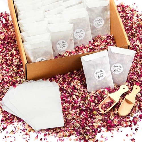 Tenare 100 Set Blütenkonfetti Hochzeit Blumen Hochzeitskonfetti Streublumen Hochzeit Natürlich Getrocknet Rosenblüten Konfetti Papiertüten Aufkleber Holz Schaufel für Verlobung Jahrestag(Einfach) von Tenare