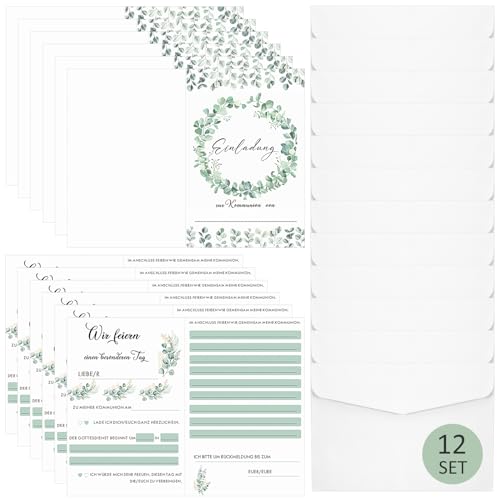 Tenare 12 Set Einladungskarten zur Kommunion Eukalyptus Einladungskarten zum Ausfüllen Einladung Klappkarten mit Umschlag Einladungen zur Erstkommunion für Jungen Mädchen Tenare 12 Set Einladungskarten zur Kommunion Eukalyptus Einladungskarten zum Ausfüllen Einladung Klappkarten mit Umschlag Einladungen zur Erstkommunion für Jungen Mädchen von Tenare