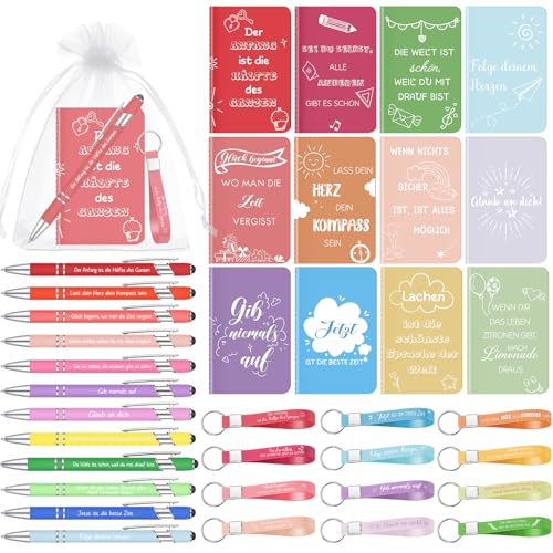 Tenare 12 Sets Kleine Geschenke für Kollegen Team 12 Notizblöcke mit Sprüchen 12 Motivation Kugelschreiber 12 Inspirierende Schlüsselanhänger Silikon 12 Organzabeutel Dankeschön Geschenke Abschied von Tenare