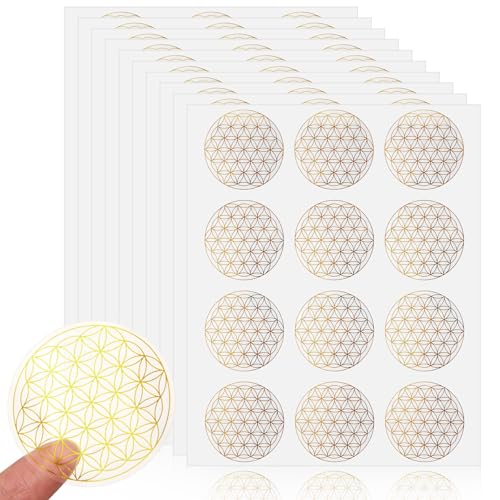 Tenare 120 Stück Blume des Lebens Aufkleber Ø 5 cm Lebensblume Etiketten Yoga Energie Sticker mit Glänzender Metallfolie Spirituell Symbole Selbstklebende Sticker zum Dekorieren Geschenk, Gold von Tenare