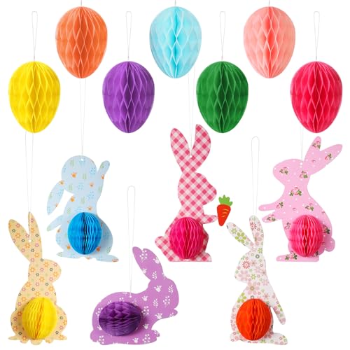 Tenare 13 Stück Waben Osterdekorationen Waben Osterhasen Papier Ostereier zum Aufhängen Bunte Ostern Deko Hängende Wabenpapierbälle für Ostern Frühling Party Baum Zuhause Schule (Lebendiger Stil) von Tenare