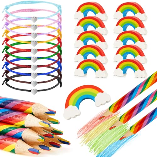 Tenare 30 Stück Regenbogen Schreibwaren Set inklusive 10 Regenbogen Buntstifte 10 Regenbogen Radiergummis 10 Verstellbare Herz Seil Armbänder für Damen Party Regenbogen Mitgebsel von Tenare
