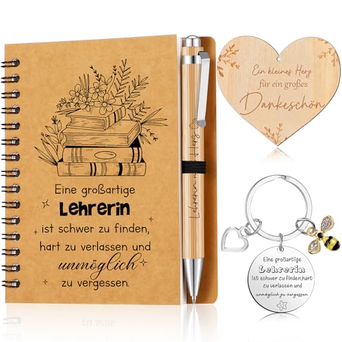 Tenare 4 Stück Geschenke für Lehrerin Enthält 1 Spiralnotizbuch 1 Kugelschreiber Stift 1 Schlüsselanhänger 1 Herzförmiges Holzstück für Dank Erzieherin Abschied Abschluss Grundschule Kindergarten von Tenare