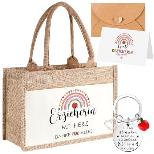 Tenare 4er Set Danke Geschenke zum Lehrertag Erzieherin Jute Einkaufstasche Metall Schlüsselanhänger mit Gravur Regenbögen Dankeskarte Umschlag Abschied Erzieherin Graduierung Schule(Erzieherin) von Tenare