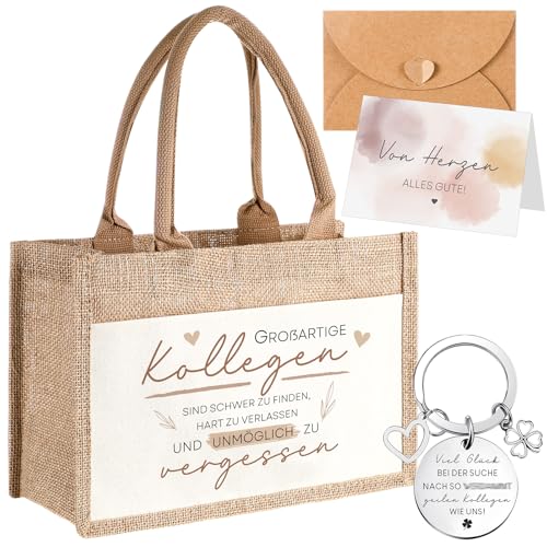 Tenare 4er Set Kollegin Abschiedsgeschenk Dankeschön Kollegen Jute Handtasche Metall Arbeitskollegin Schlüsselanhänger mit Gravur Dankeskarte Umschlag Abschied Ruhestand Jobwechsel(Mitarbeiter) von Tenare