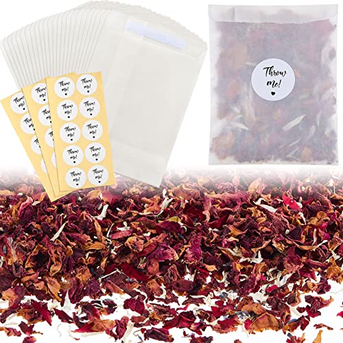Tenare 50 Sets Hochzeit Konfetti Taschen Set für 45-50 Gäste inklusive Natürliches Getrocknetes Blumen Konfetti Getrocknete Rosenblätter Pergamin Papierbeutel Aufkleber für Jubiläum (Klassisch) von Tenare