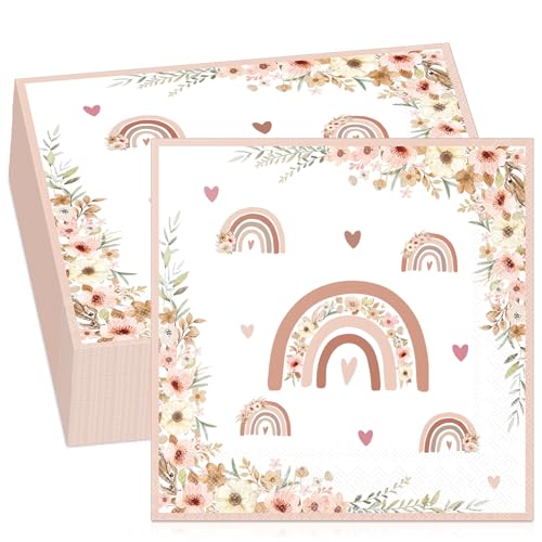 Tenare 50 Stück 33 x 33 cm Boho Regenbogen Servietten Einwege Blumen Servietten Boho Papierservietten Party Servietten für Babyparty Mädchen Kinder Geburtstag Party Tischdeko (Stil 2) von Tenare