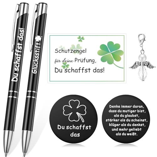 Tenare Mutmacher Geschenk Set Motivation Kugelschreiber Schutzengel Anhänger Kleeblatt Glücksbringer Du Schaffst Das Aufmunterung für Prüfung Freund Kollege Abschied (Schwarz, Glücksstift) von Tenare