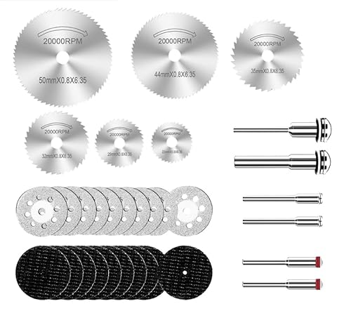 10x 22mm Diamant Trennscheiben für Dremel Rotationswerkzeug Zubehör Mini Diamantscheiben, 10x 32mm Harz Metall Trennscheiben, 6 HSS Kreissägeblätter, 6 Dorne (38/20 mm),für Fliese Glas Stein(32 Set) von Tenbrachian