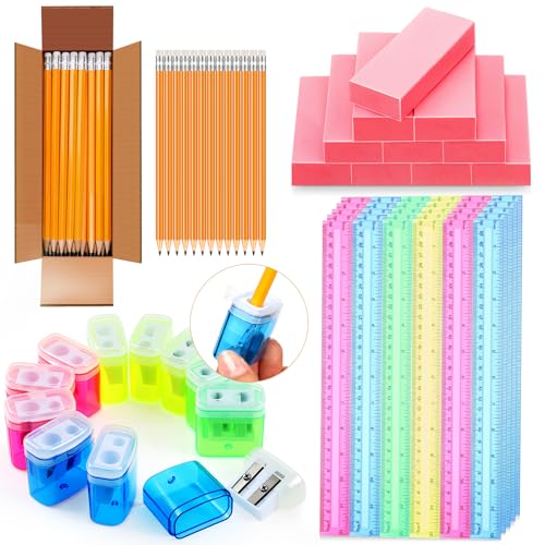 Tenceur 150 Stück Schulbedarf beinhaltet 60 vorgespitzte Bleistifte, 30 Stück 30 Stück 30,5 cm Kunststoff-Lineal, 30 Doppelloch, kleine manuelle Bleistiftspitzer, 30 rosa Radiergummis für den von Tenceur