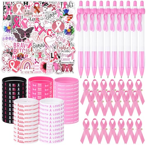 Tenceur 160-teiliges Brustkrebs-Bewusstseins-Zubehör, inklusive rosa Schleifennadeln, Silikon-Armbänder, Aufkleber und Stifte für Brustkrebs, Wohltätigkeitsorganisationen, Events, Überlebende von Tenceur