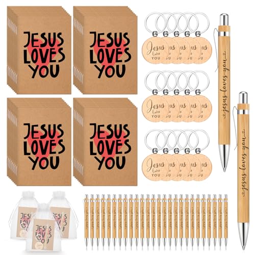 Tenceur 20 Sets christliche Geschenksets enthalten Jesus Loves You, inspirierender Notizblock, Holy Week Bambusstift, religiöser Schlüsselanhänger, Organza-Beutel, religiöses Geschenk für von Tenceur