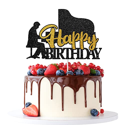 Tenhaisi Happy Birthday Cake Topper - Musikschild Geburtstagstorte Dekorationen - Musikklavier Thema Geburtstag Party Dekoration Supplies - Schwarz Glitzer Kuchenaufsatz von Tenhaisi