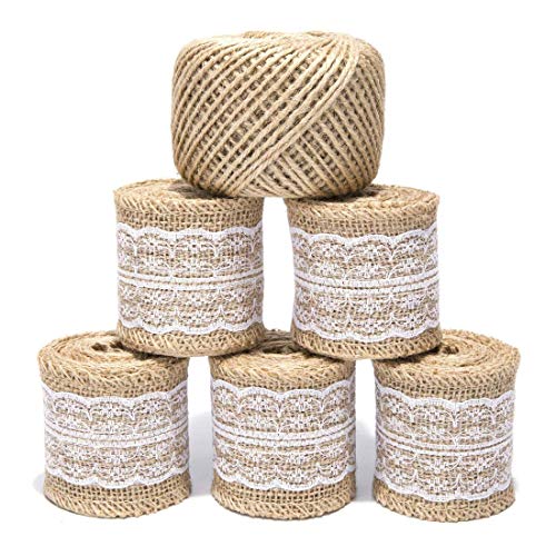 Tenlacum Sackleinband Rolle mit weißen Spitzenbändern, natürliches Jutegewebe und 90 m Jutegarn für rustikale Hochzeitsdekorationen, Basteln, Jute-Rolle, je 2 m, 5 Packungen Tenlacum Sackleinband Rolle mit weißen Spitzenbändern, natürliches Jutegewebe und 90 m Jutegarn für rustikale Hochzeitsdekorationen, Basteln, Jute-Rolle, je 2 m, 5 Packungen von Tenlacum