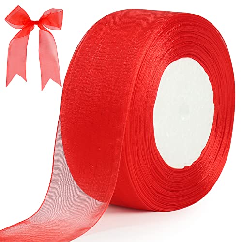 Rotes Organzaband, 40 mm x 45,7 m, doppelseitig, durchscheinendes Chiffonband für Geschenkverpackungen, Weihnachten, Hochzeit, Party, Zeremonie, Dekorationen und DIY-Schleifen von Tenn Well