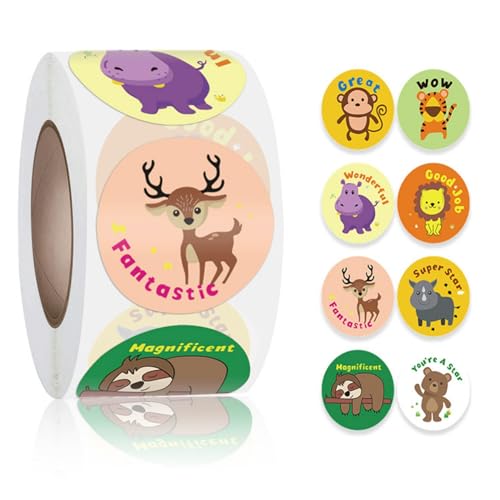 500 Stück Tier Belohnungsaufkleber Rolle Animal Sticker Rolle 2.5cm Selbstklebende Runde Belohnungs Sticker mit 8 ArtenTier von Teogneot
