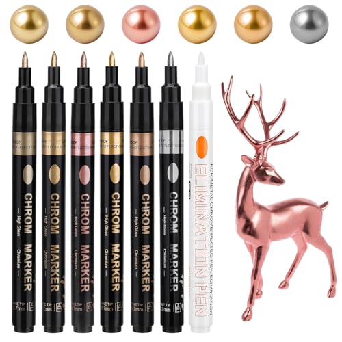 7 Stück Acrylstifte Metallic, 6 Farben 0,7mm Permanenter Chrome Marker Spezialtinte, Wasserfester Goldstift für Graffiti Maniküre Metall Glas Färbung des Modells von Teokantz