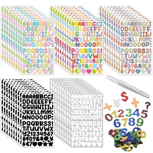 50 Blätter (4500 Stück) Selbstklebende Buchstaben Aufkleber Vinyl Klebebuchstaben, 36 Stück Moosgummi Zahlen Glitter, Wetterfest Alphabet Nummern Aufkleber, mit 1 Pinzette für DIY Scrapbook Grußkarte von Teomevie