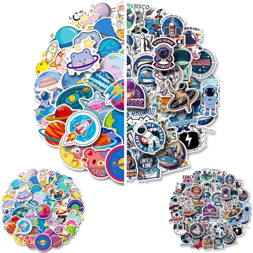 Teouuas 100 Stück Planeten Aufkleber, Wasserdichte Weltraum Astronauten Sticker, Planeten Aufkleber Set, für Wasserflaschen Laptop Gitarre Skateboard Computer Koffer Fahrra von Teouuas