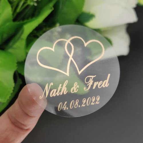 personalisierte Sticker, personalisierbarer transparenter Aufkleber aus Goldfolie für Taufe, Hochzeit, Verlobung, Jahrestag. (E) von Ter