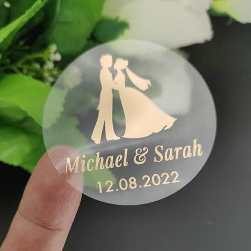personalisierte Sticker, personalisierbarer transparenter Aufkleber aus Goldfolie für Taufe, Hochzeit, Verlobung, Jahrestag. (I) von Ter