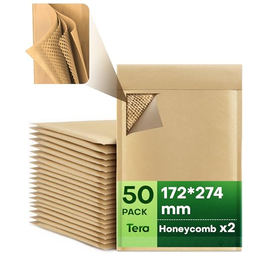 Tera Wabenpolster Gepolsterte Versandtaschen Kraftpapier: 17,2 × 27,4 cm 50er Pack 4-lagiger Schutz Selbstklebung Recycelbar Verpackungsmaterial für Warensendung Schmuck Kosmetik Versandtüten von Tera