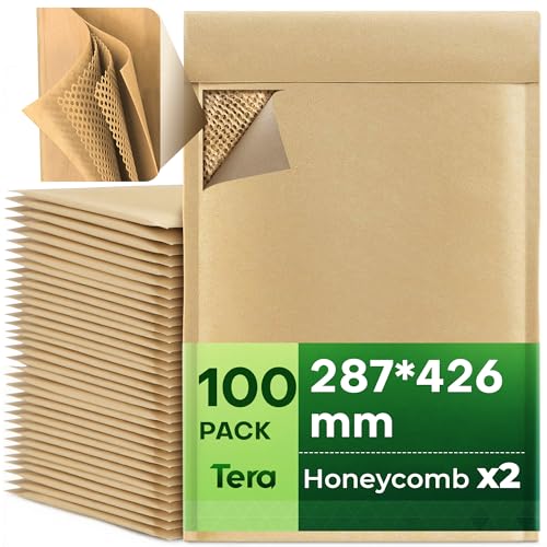 Tera Wabenpolster Versandtaschen Kraftpapier: 28,7 × 42,6 cm 100er Pack 4-lagiger Schutz, selbstklebend, recycelbares Verpackungsmaterial für Sendungen, Schmuck, Kosmetik von Tera