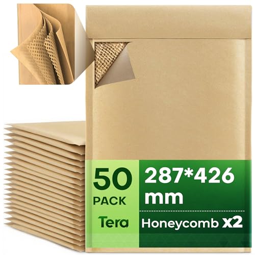 Tera Wabenpolster Gepolsterte Versandtaschen Kraftpapier: 28,7 × 42,6 cm 50er Pack 4-lagiger Schutz, selbstklebend, recycelbares Verpackungsmaterial für Warensendungen, Schmuck, Kosmetik von Tera