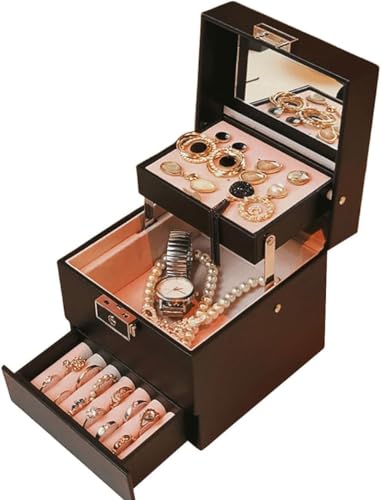 Terafeels Schwarze Schmuckschatulle, großer Schmuck-Organizer mit Schublade und Schloss, 3 Schichten, PU-Leder, Schmuckaufbewahrungskoffer für Halsketten, Ohrringe, Armbänder und Ringe, Schwarz Terafeels Schwarze Schmuckschatulle, großer Schmuck-Organizer mit Schublade und Schloss, 3 Schichten, PU-Leder, Schmuckaufbewahrungskoffer für Halsketten, Ohrringe, Armbänder und Ringe, Schwarz von Terafeels