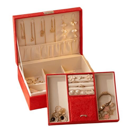 Terafeels 2-lagige große rote Schmuckschatullen – abschließbare Box mit herausnehmbarem Tablett für Ringe, Ohrringe, Uhren, Halsketten, Armbänder, Rot 23003 von Terafeels