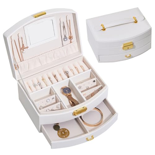 Terafeels Große Schmuckschatullen Organizer für Frauen – PU-Lederhülle mit abnehmbarem Schmucktablett für Halskette, Ohrringe, Ringe, Armbänder, Aufbewahrungsdisplay mit Spiegel, 02WH Weiß Terafeels Große Schmuckschatullen Organizer für Frauen – PU-Lederhülle mit abnehmbarem Schmucktablett für Halskette, Ohrringe, Ringe, Armbänder, Aufbewahrungsdisplay mit Spiegel, 02WH Weiß von Terafeels