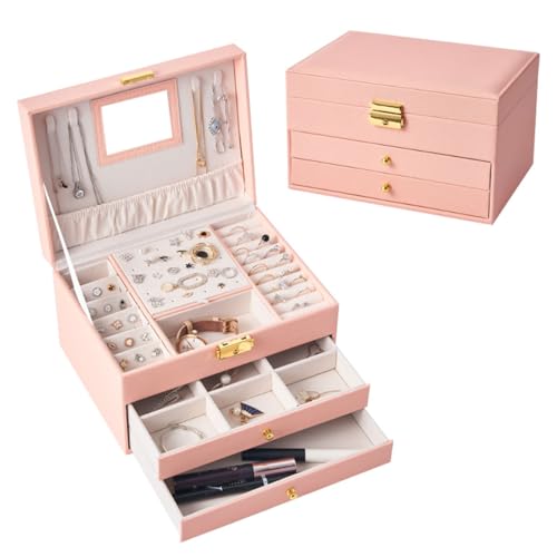 Terafeels Große Schmuckschatullen für Damen mit Spiegel, Schmuck-Organizer, 3 Schichten, PU-Leder, abschließbar, für Ringe, Armbänder, Ohrringe, Halsketten, Uhr, Rosa Terafeels Große Schmuckschatullen für Damen mit Spiegel, Schmuck-Organizer, 3 Schichten, PU-Leder, abschließbar, für Ringe, Armbänder, Ohrringe, Halsketten, Uhr, Rosa von Terafeels