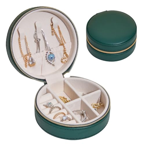 Terafeels Kleine Reise-Schmuckschatulle für Damen, kleiner Schmuck-Organizer für Ringe, Ohrringe, Halsketten, Armbänder, rund, Grün - 06 Terafeels Kleine Reise-Schmuckschatulle für Damen, kleiner Schmuck-Organizer für Ringe, Ohrringe, Halsketten, Armbänder, rund, Grün - 06 von Terafeels