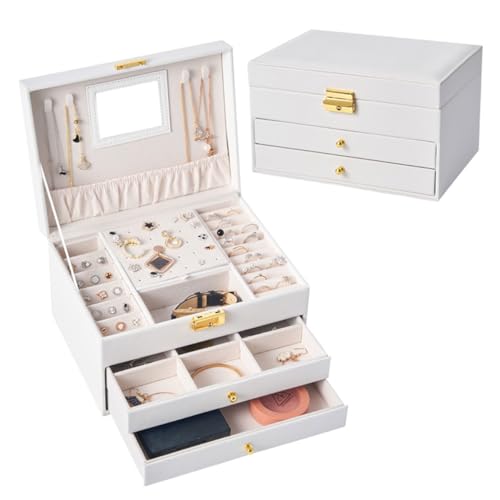 Terafeels Schmuck-Organizer für Frauen und Mädchen, große Schmuckschatullen mit verspiegelten und abschließbaren Schmuckkästchen für Halsketten, Ringe, Ohrringe, Armbänder, Uhren, Schmucketui, Weiß Terafeels Schmuck-Organizer für Frauen und Mädchen, große Schmuckschatullen mit verspiegelten und abschließbaren Schmuckkästchen für Halsketten, Ringe, Ohrringe, Armbänder, Uhren, Schmucketui, Weiß von Terafeels