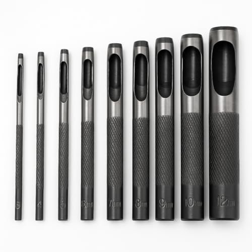 Profi Lochstanzer Set für Gürtel, Leder, Kunststoff und Textilien - 9 Stück (3 mm - 12 mm) aus gehärtetem Stahl mit hoher Festigkeit von Terryshop74