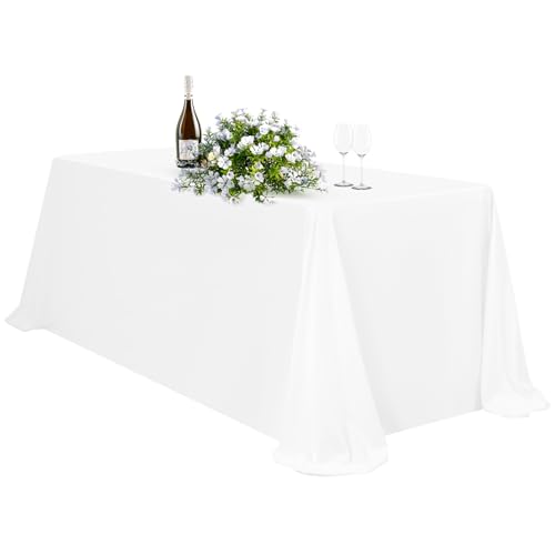 1 Packungen Weiß Tischdecke 229 x 396 cm, Tischdecke Weiß Stoff Rechteckige Polyester-Tischdecke für Rechteckige Tische, Waschbare Tischdecke für Hochzeitsfeier, Restaurant, Banketttisch von Teruntrue