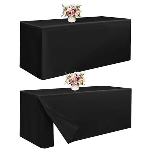 2er Pack Schwarze Tischdecken, 8 Fuß Rechteckige Klapptischdecke, Waschbarer Stoff, Enge Passgenaue Tischdecken für Klapptische, Verkaufstische, Partys, Feiertagsessen, Messen(241x75x73cm) von Teruntrue