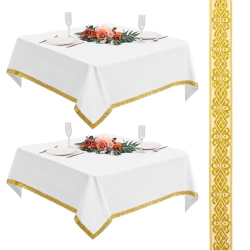 2er-Set Weiße Quadratische Tischdecken 132x132cm mit Goldfaden-Jacquard, Polyester Tischbelag für Kartentisch | Spülmaschinenfest für Hochzeit Camping Buffet 2er-Set Weiße Quadratische Tischdecken 132x132cm mit Goldfaden-Jacquard, Polyester Tischbelag für Kartentisch | Spülmaschinenfest für Hochzeit Camping Buffet von Teruntrue