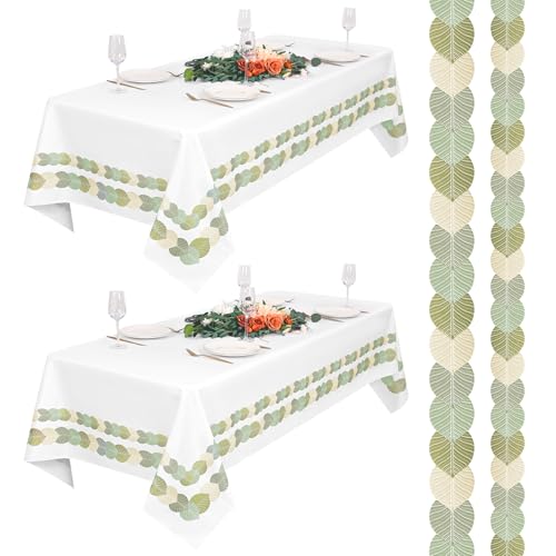 2er-Set Weiße Tischdecken 153x260cm mit Bedrucktem Rand aus Grünen Blättern, Waschbare hochqualitative rechteckige Tischdecke aus Polyester für Hochzeiten, Partys, Banketten 2er-Set Weiße Tischdecken 153x260cm mit Bedrucktem Rand aus Grünen Blättern, Waschbare hochqualitative rechteckige Tischdecke aus Polyester für Hochzeiten, Partys, Banketten von Teruntrue