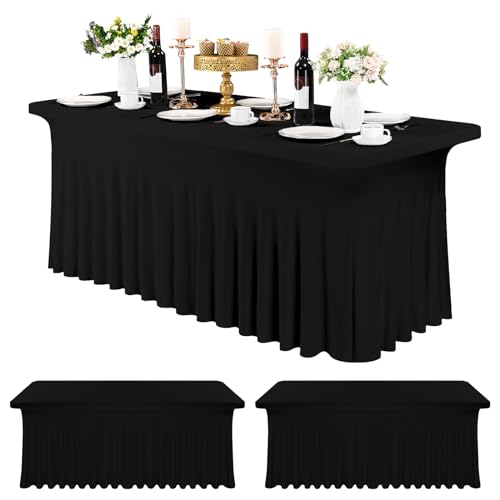 3 Packungen Spandex-Tischröcke, 182 x 76 cm, Stretch-Tischdecke für rechteckige Tische, knitterfreie Tischdecke mit Rock, Spandex-Tischdecke, Tischrock für Hochzeitsbankette, Messen, Schwarz von Teruntrue