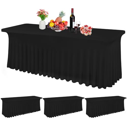 3 Packungen Spandex-Tischröcke für rechteckige Tische, 2,4 m, Schwarze Stretch-Tischdecke, Tischdecke, knitterfeste Stoff-Tischdecke mit Rock, Spandex-Tischrock für Bankette, Messen von Teruntrue