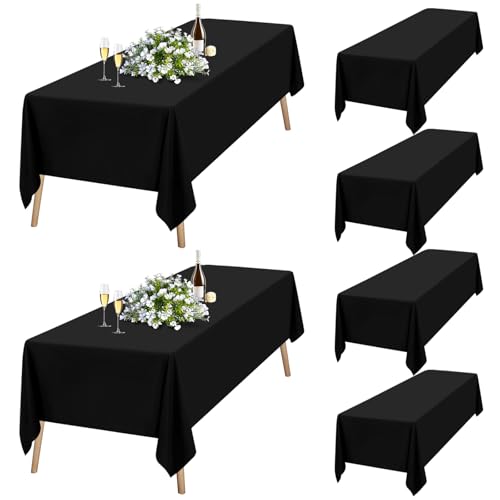 6 Packungen Schwarz Tischdecke 153 x 260 cm, Tischdecke Schwarz Stoff Rechteckige Polyester-Tischdecke für 1,8m Rechteckige Tische, Waschbare Tischdecke für Hochzeitsfeier, Restaurant, Banketttisch von Teruntrue