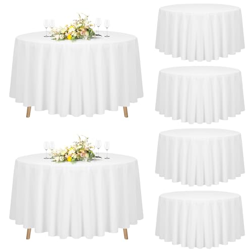 6 Packungen Weiße Runde Tischdecke 228 cm, Tischdecke Weiß Stoff Rund Polyester Tischdecke, Waschbare Tischdecke für Hochzeitsfeier, Restaurant, Banketttisch (Für Ø90-180cm Tische) von Teruntrue