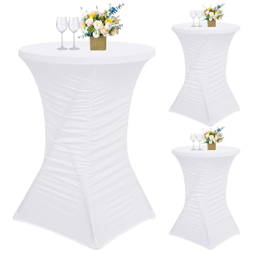 Stehtisch Hussen 3er Set, Stretch Plissee Design Stehtisch Hussen, Barhusse für Bar- und Bistrotische Ø 60-65 cm, Stretch-Tischdecke mit Fußtaschen (60 cm, weiß) von Teruntrue