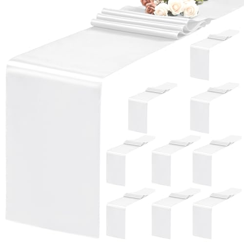 Teruntrue 10 Stück weiße Tischläufer, 30 x 183 cm, Satin-Tischläufer für rechteckige runde Tische, weiße Tischläufer für Hochzeiten, Geburtstagsbankette, Verlobungen, Party-Dekoration von Teruntrue