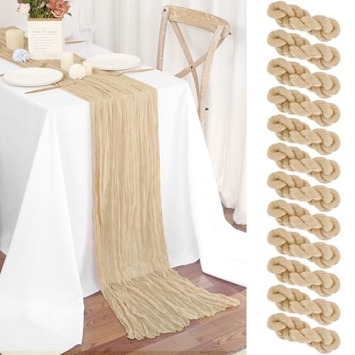 Teruntrue 12 Stück Tischläufer Beige 55x300 cm Boho Gaze Käsetuch Tischläufer für Hochzeit, Party, Babyfeier, Brautshower, Geburtstag-Dekorationen von Teruntrue